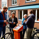 "A vibrant, bustling Dutch neighborhood scene. A diverse group of people are interacting: one person is borrowing a power drill from a neighbor via the Peerby app on their phone, another is picking up a SnappCar rental, and a group is gathered at a local repair café, fixing bicycles and electronics together. Focus on community, sharing, and sustainability.  Warm, inviting lighting.  Style of a realistic but slightly idealized photograph."