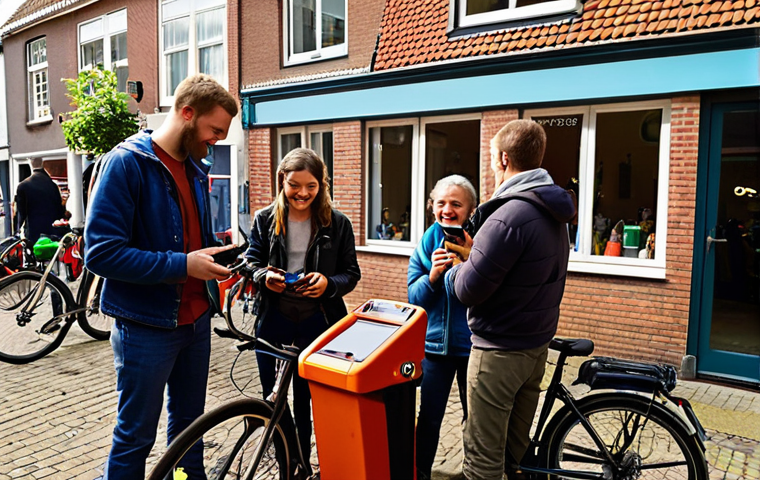 "A vibrant, bustling Dutch neighborhood scene. A diverse group of people are interacting: one person is borrowing a power drill from a neighbor via the Peerby app on their phone, another is picking up a SnappCar rental, and a group is gathered at a local repair café, fixing bicycles and electronics together. Focus on community, sharing, and sustainability. Warm, inviting lighting. Style of a realistic but slightly idealized photograph."