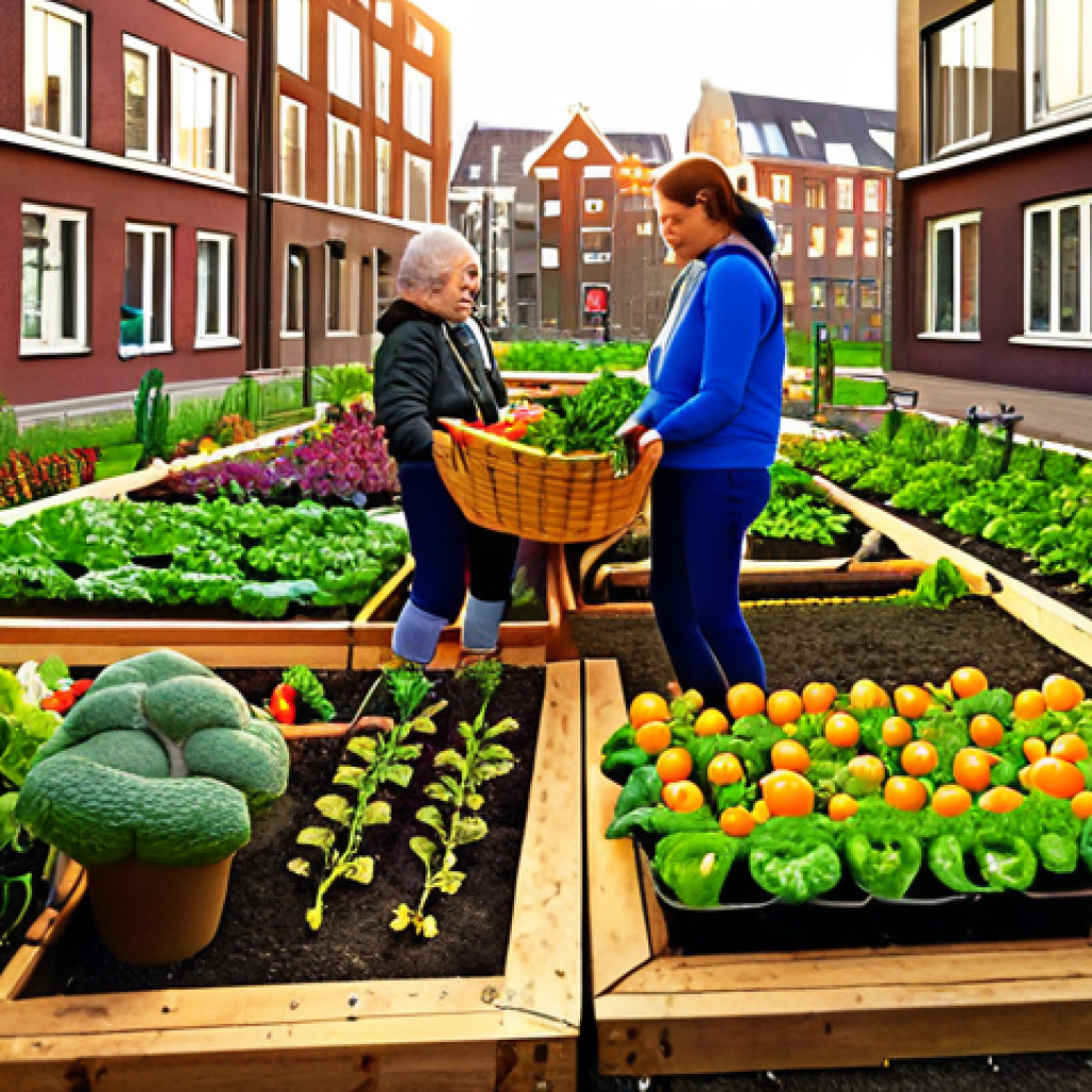 **

"A vibrant community garden in Amsterdam, overflowing with vegetables and flowers. People of all ages are working together, some planting, others harvesting, and some sharing food and stories. In the background, a modern Dutch apartment building can be seen. The style is realistic but with a slightly whimsical, colorful feel, emphasizing the joy of community and local collaboration. Golden hour lighting."

**