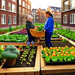 **

"A vibrant community garden in Amsterdam, overflowing with vegetables and flowers. People of all ages are working together, some planting, others harvesting, and some sharing food and stories. In the background, a modern Dutch apartment building can be seen. The style is realistic but with a slightly whimsical, colorful feel, emphasizing the joy of community and local collaboration. Golden hour lighting."

**