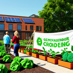 **Image Prompt:** A vibrant community garden bustling with activity. People of all ages are planting, watering, and harvesting vegetables. A banner reads "Gefinancierd door Crowdfunding!" (Funded by Crowdfunding!). In the background, a modern building showcases solar panels on its roof. The scene is bright and cheerful, symbolizing sustainable living and community engagement.