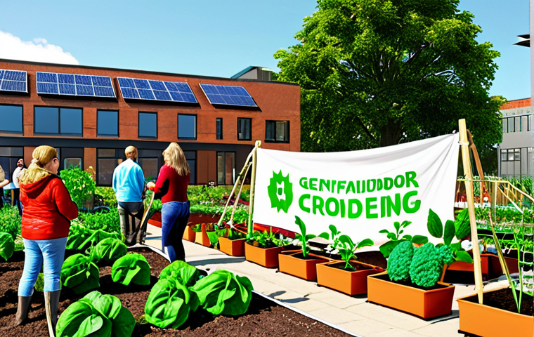 **Image Prompt:** A vibrant community garden bustling with activity. People of all ages are planting, watering, and harvesting vegetables. A banner reads "Gefinancierd door Crowdfunding!" (Funded by Crowdfunding!). In the background, a modern building showcases solar panels on its roof. The scene is bright and cheerful, symbolizing sustainable living and community engagement.